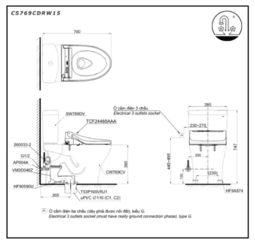Bồn Cầu Điện Tử TOTO CS769CDRW15#XW Kèm Nắp Rửa Điện Tử WASHLET (Loại Giấu Dây) Dòng C5 – TCF24460AAA (220V) - 5