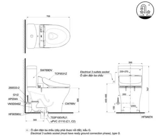 Bồn Cầu Điện Tử TOTO CS769DRW6#XW Kèm Nắp Rửa Điện Tử WASHLET Dòng C5 – TCF6531Z (220V) - 5