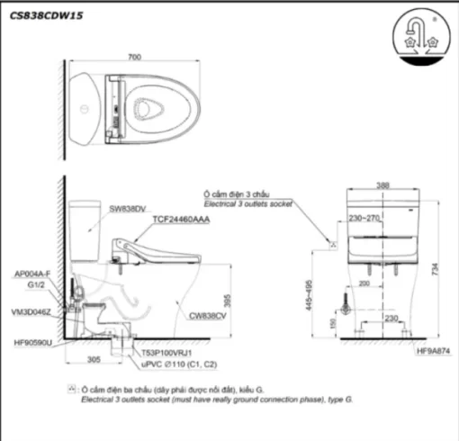 Bồn Cầu Điện Tử TOTO CS838CDW15#XW Kèm Nắp Rửa Điện Tử WASHLET (Loại Giấu Dây) Dòng C5 – TCF24460AAA (220V) - 5