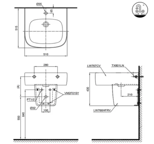 Chậu Rửa Mặt Lavabo TOTO LHT767CR#XW Treo Tường Chân Ngắn - 5