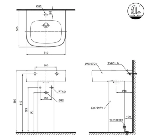 Chậu Rửa Mặt Lavabo TOTO LPT767C#XW Treo Tường Chân Dài - 5