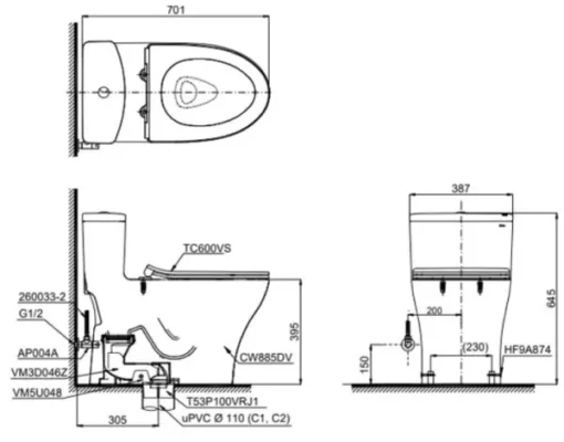 Bồn Cầu TOTO MS885DT8#XW 1 khối Nắp Đóng Êm TC600VS - 5
