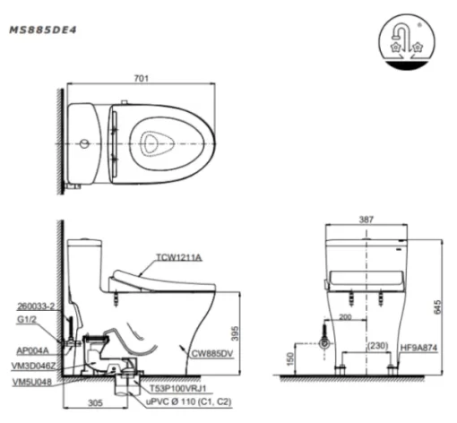 Bồn Cầu TOTO MS885DE4#XW 1 Khối Nắp Rửa Cơ TCW1211A - 5