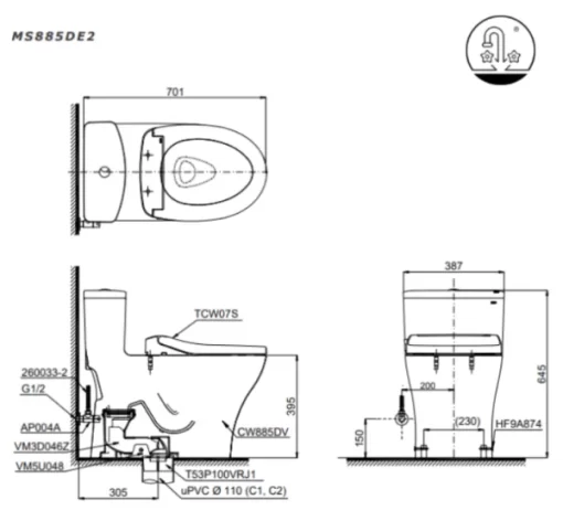 Bồn Cầu TOTO MS885DE2#XW 1 Khối Nắp Rửa Cơ TCW07S - 9