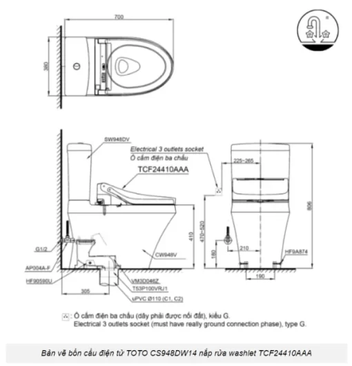 Bồn Cầu Điện Tử TOTO CS948DW14#XW Kèm Nắp Rửa Điện Tử WASHLET Dòng C5 – TCF24410AAA (220V) - 7