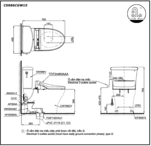 Bồn Cầu Điện Tử TOTO CS986CGW15#XW Kèm Nắp Rửa Điện Tử WASHLET (Loại Giấu Dây) Dòng C5 – TCF24460AAA (220V) - 5