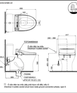 Bồn Cầu Điện Tử TOTO MS855CDW15#XW Kèm Nắp Rửa Điện Tử WASHLET (Loại Giấu Dây) Dòng C5 – TCF24460AAA (220V) - 11