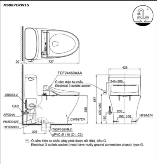 Bồn Cầu Điện Tử TOTO MS887CRW15#XW Kèm Nắp Rửa Điện Tử WASHLET Dòng C5 – TCF24460AAA (220V) - 5