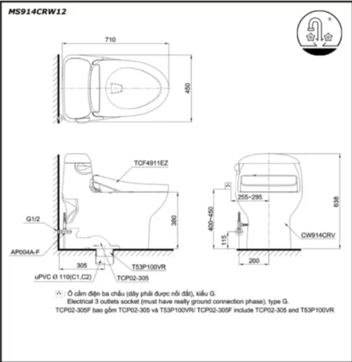 Bồn Cầu Điện Tử TOTO MS914CRW12#XW Kèm Nắp Rửa Điện Tử WASHLET (Loại Giấu Dây) Dòng S7 – TCF4911EZ (220V) - 5