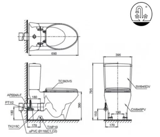Bồn Cầu Điện Tử TOTO CS945PDW16#W Kèm Nắp Rửa Điện Tử WASHLET Dòng C2 – TCF23410AAA (220V) - 5