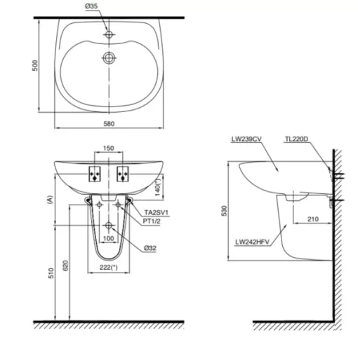 Chậu Rửa Mặt Lavabo TOTO LHT239CR#W Treo Tường Chân Ngắn - 5