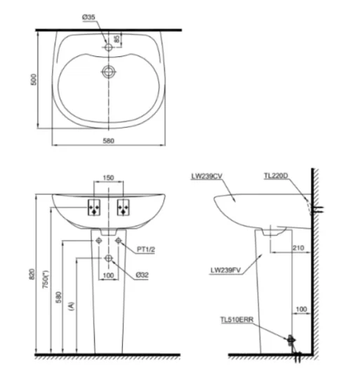 Chậu Rửa Mặt Lavabo TOTO LPT239CR#W Treo Tường Chân Dài - 5