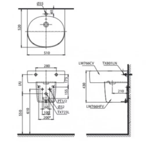 Chậu Rửa Mặt Lavabo TOTO LHT766CR#XW Treo Tường Chân Ngắn - 5