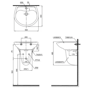 Chậu Rửa Mặt Lavabo TOTO LHT300CR#W Treo Tường Chân Ngắn - 9