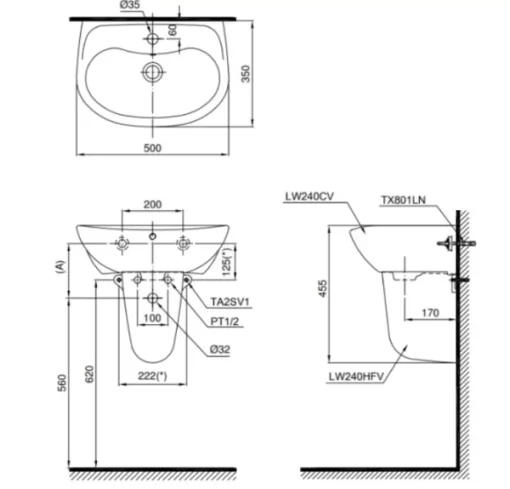 Chậu Rửa Mặt Lavabo TOTO LHT240CS#W Treo Tường Chân Ngắn - 5