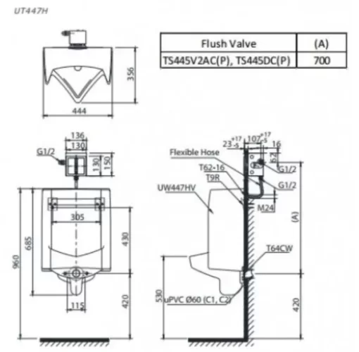 Bồn Tiểu Nam TOTO UT447HR#W Treo Tường - 5