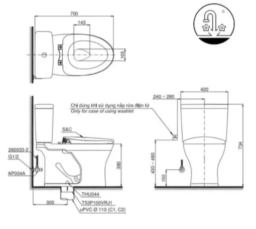 Bồn Cầu Điện Tử TOTO CS735DW14#XW Kèm Nắp Rửa Điện Tử WASHLET Dòng C5 – TCF24410AAA (220V) - 5