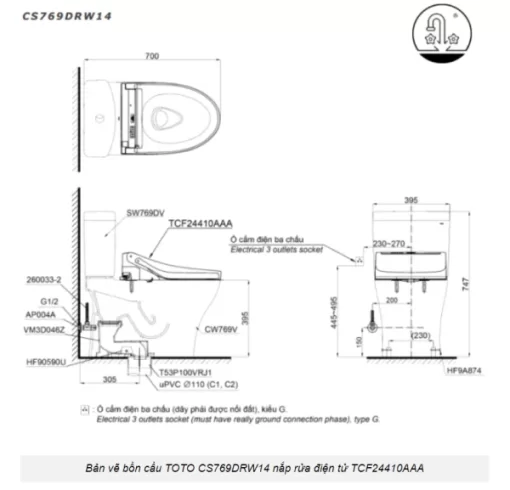 Bồn Cầu Điện Tử TOTO CS769DRW14#XW Kèm Nắp Rửa Điện Tử WASHLET Dòng C5 – TCF24410AAA (220V) - 7