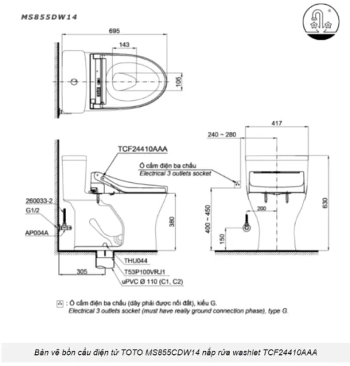 Bồn Cầu Điện Tử TOTO MS855DW14#XW Kèm Nắp Rửa Điện Tử WASHLET Dòng C5 – TCF24410AAA (220V) - 7