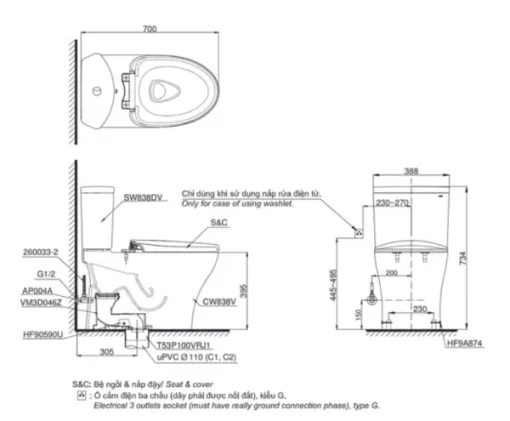 Bồn Cầu Điện Tử TOTO CS838DW7#XW Kèm Nắp Rửa Điện Tử WASHLET Dòng C2 – TCF6631A (220V) - 5