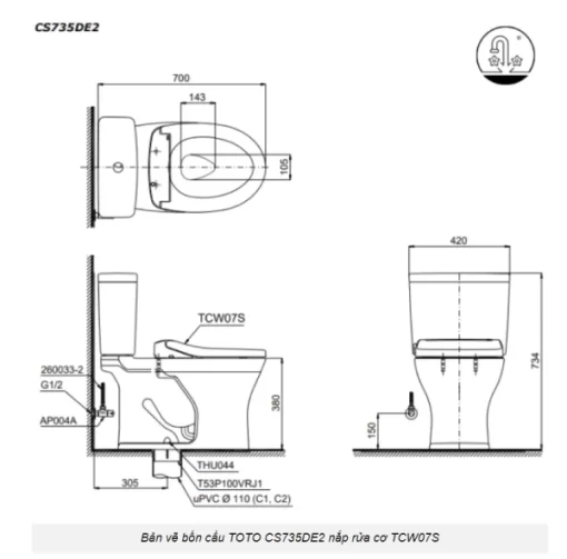 Bồn Cầu TOTO CS735DE2#XW 2 Khối Nắp Rửa Cơ TCW07S - 7