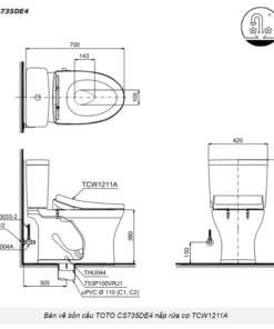 Bồn Cầu TOTO CS735DE4#XW 2 Khối Nắp Rửa Cơ TCW1211A - 13