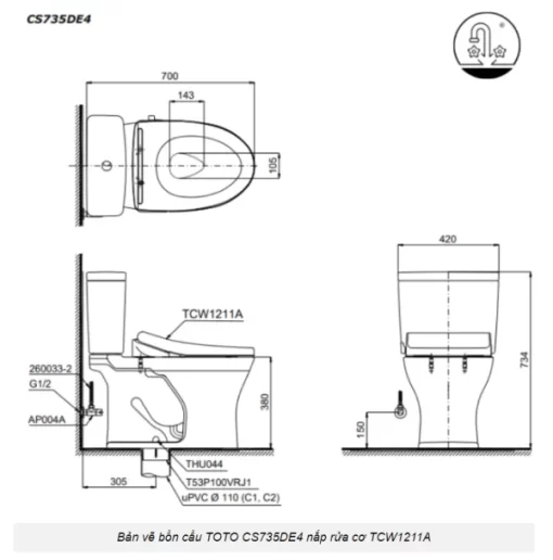 Bồn Cầu TOTO CS735DE4#XW 2 Khối Nắp Rửa Cơ TCW1211A - 7
