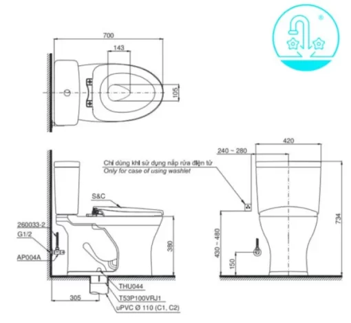 Bồn Cầu Điện Tử TOTO CS735DW7#XW Kèm Nắp Rửa Điện Tử WASHLET Dòng C2 – TCF6631A (220V) - 5