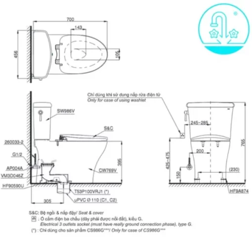 Bồn Cầu Điện Tử TOTO CS986GW7#XW Kèm Nắp Rửa Điện Tử WASHLET Dòng C2 – TCF6631A (220V) - 5