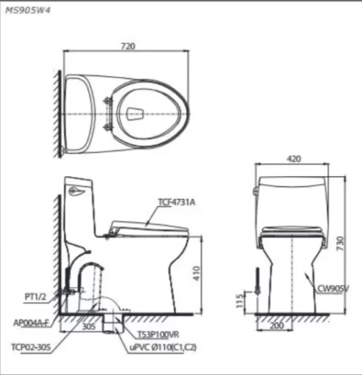 Bồn Cầu Điện Tử TOTO MS905W7#XW Kèm Nắp Rửa Điện Tử WASHLET Dòng C2 – TCF6631A (220V) - 5
