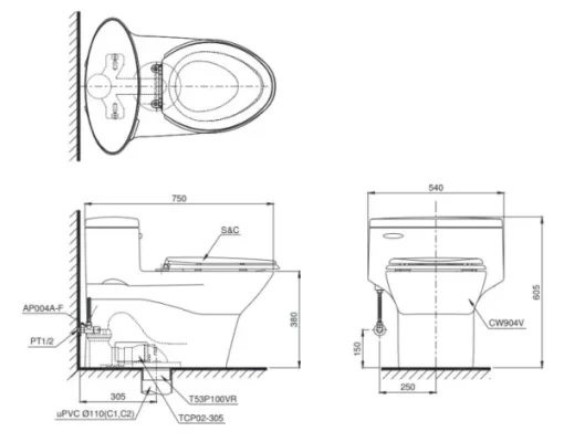 Bồn Cầu Điện Tử TOTO MS904W7#XW Kèm Nắp Rửa Điện Tử WASHLET Dòng C2 – TCF6631A (220V) - 5