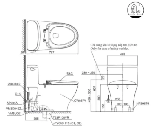 Bồn Cầu TOTO MS887RE4#XW1 Khối Nắp Rửa Cơ TCW1211A - 7