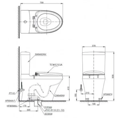 Bồn Cầu TOTO CS945DNE4#XW 2 Khối Nắp Rửa Cơ TCW1211A - 5
