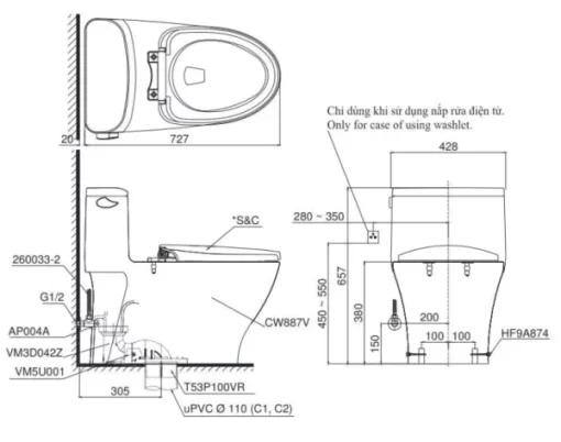 Bồn Cầu Điện Tử TOTO MS887RW7#XW Kèm Nắp Rửa Điện Tử WASHLET Dòng C2 – TCF6631A (220V) - 5