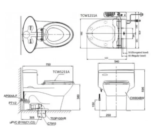 Bồn Cầu TOTO MS904E4#XW 1 Khối Nắp Rửa Cơ TCW1211A - 5
