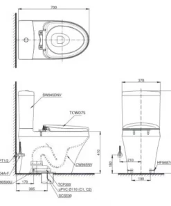 Bồn Cầu TOTO CS945DNE2#XW 2 Khối Nắp Rửa Cơ TCW07S” - 9