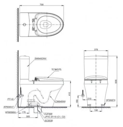 Bồn Cầu TOTO CS945DNE2#XW 2 Khối Nắp Rửa Cơ TCW07S” - 5