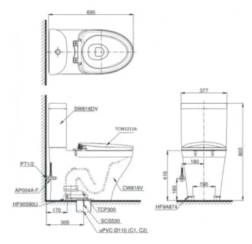 Bồn Cầu TOTO CS818DE4#XW 2 Khối Nắp Rửa Cơ TCW1211A - 5