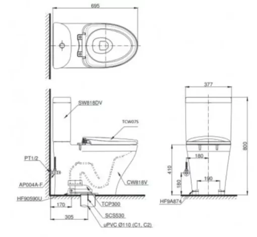 Bồn Cầu TOTO CS818DE2#XW 2 Khối Nắp Rửa Cơ TCW07S - 5