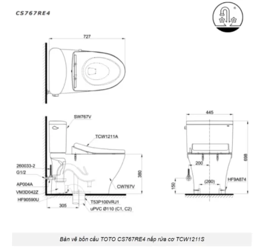 Bồn Cầu TOTO CS767RE4#XW 2 Khối Nắp Rửa Cơ TCW1211A - 7