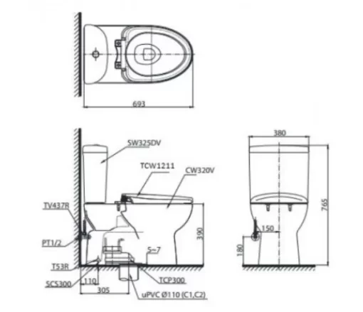 Bồn Cầu TOTO CS325DRE4#W 2 Khối Nắp Rửa Cơ TCW1211A - 5