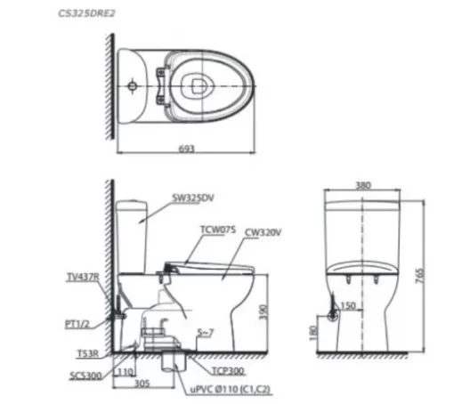 Bồn Cầu TOTO CS325DRE2#W 2 Khối Nắp Rửa Cơ TCW07S - 5