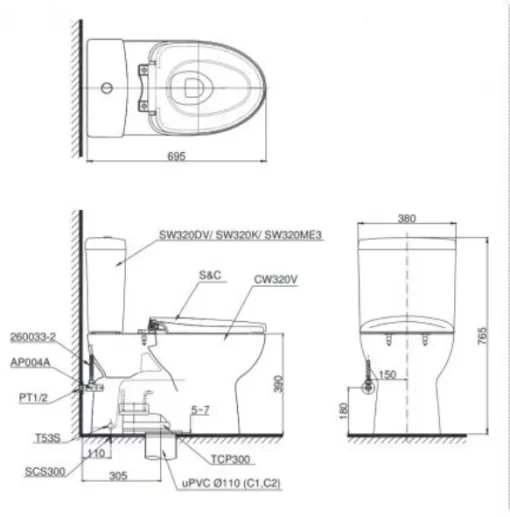 Bồn Cầu TOTO CS320DRE4#W 2 Khối Nắp Rửa Cơ TCW1211A - 5