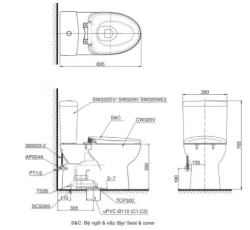 Bồn Cầu TOTO CS320DRE2#W 2 Khối Nắp Rửa Cơ TCW07S - 5