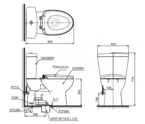 Bồn Cầu TOTO CS300DRE4#W 2 Khối Nắp Rửa Cơ TCW1211A - 5