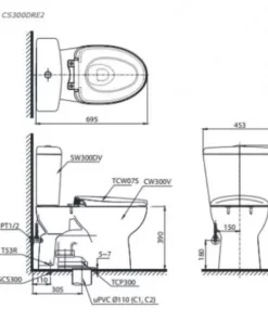 Bồn Cầu TOTO CS300DRE2#W 2 Khối Nắp Rửa Cơ TCW07S - 9