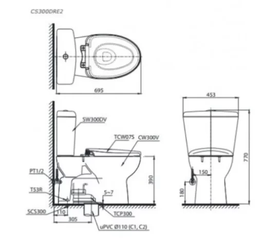 Bồn Cầu TOTO CS300DRE2#W 2 Khối Nắp Rửa Cơ TCW07S - 5