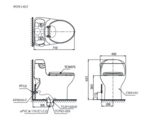 Bồn Cầu TOTO MS914RE2#XW 1 Khối Nắp Rửa Cơ TCW07S - 5