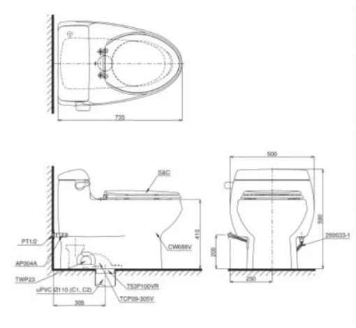 Bồn Cầu TOTO MS688E2#XW 1 Khối Nắp Rửa Cơ TCW07S - 5
