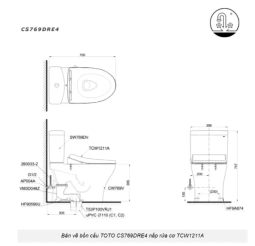 Bồn Cầu TOTO CS769DRE4#XW 2 Khối Nắp Rửa Cơ TCW1211A - 7